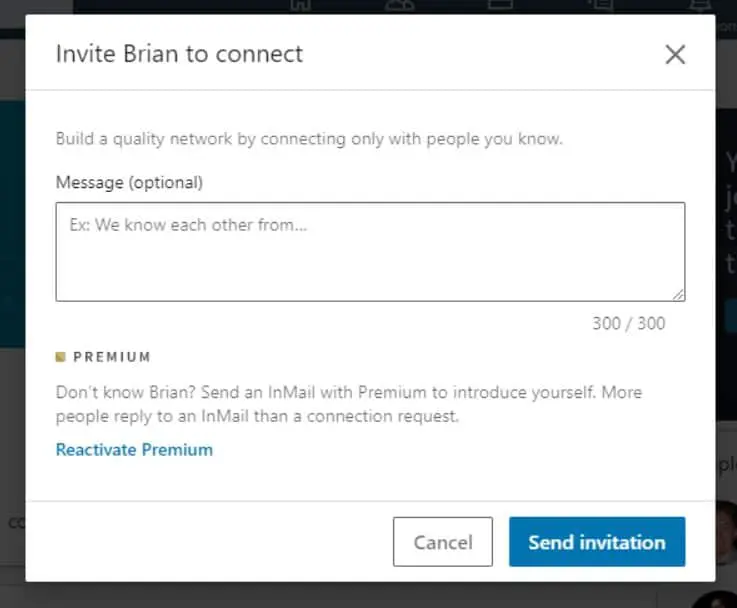 Invitation button to connect on Linkedin