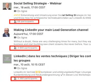 Nombre de participants événements LinkedIn