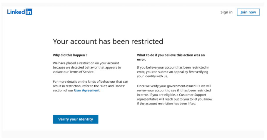 Your account has been restricted linkedin