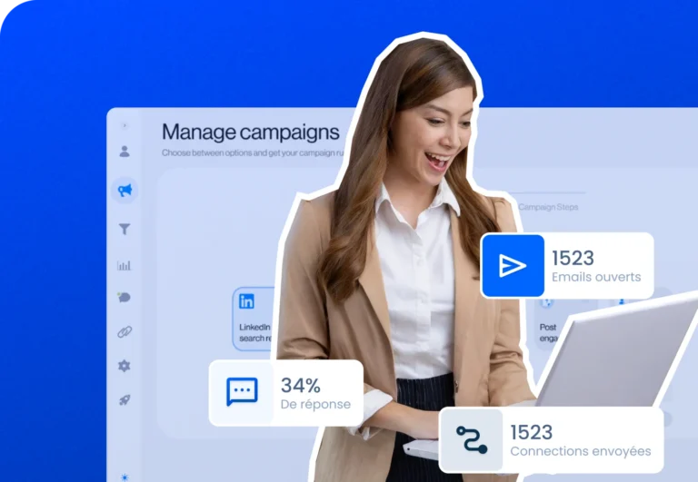 Femme gérant des campagnes sur LeadIn avec l’interface en arrière-plan et des chiffres de performance : 187 connexions LinkedIn envoyées, 1 523 emails ouverts et 34 % de taux de réponse.