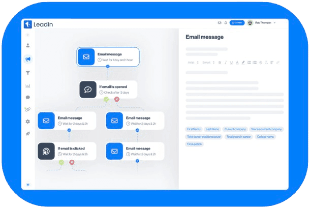 Interface LeadIn montrant une séquence intelligente avec conditions if/else, emails et suivis, selon l’ouverture des messages ou le clic sur les liens.