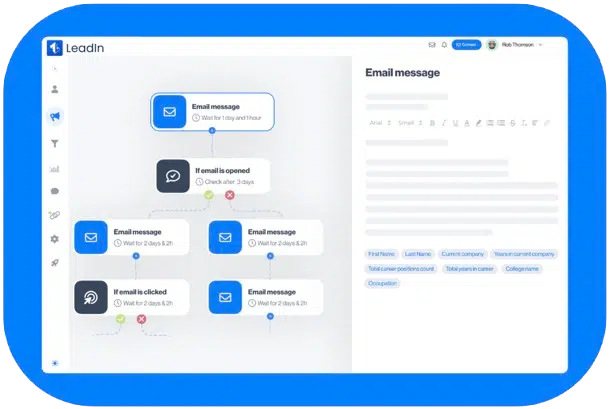 Interface Leadin montrant une séquence intelligente avec conditions if/else, emails et suivis, selon l’ouverture des messages ou le clic sur les liens.