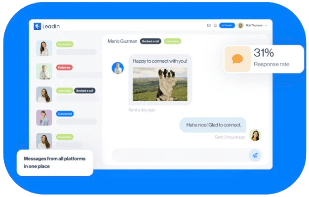 Boîte de réception intelligente LeadIn centralisant emails, suivis et messages, avec modèles de réponse et étiquettes pour prioriser les leads.