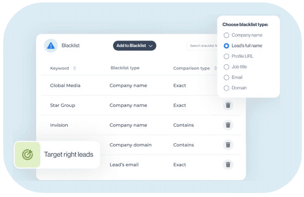 Interface LeadIn permettant d’ajouter un email ou un domaine en blacklist pour exclure un prospect de toutes les campagnes de l’équipe.