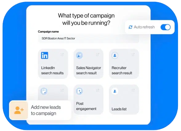 Écran Leadin “Quel type de campagne allez-vous effectuer ?” avec 10 sources d’import : LinkedIn, Sales Navigator, Recruteur, posts, events, listes, CSV et API.