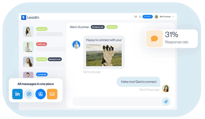 Boîte de réception multicanale LeadIn centralisant messages LinkedIn et emails, avec modèles de réponse enregistrés et étiquettes pour prioriser les leads.