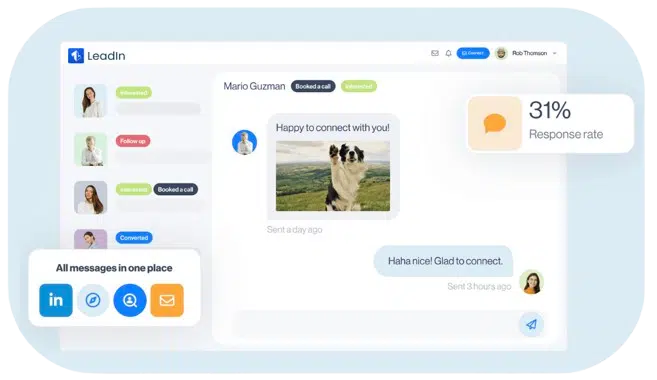 Boîte de réception multicanale Leadin centralisant messages LinkedIn et emails, avec modèles de réponse enregistrés et étiquettes pour prioriser les leads.
