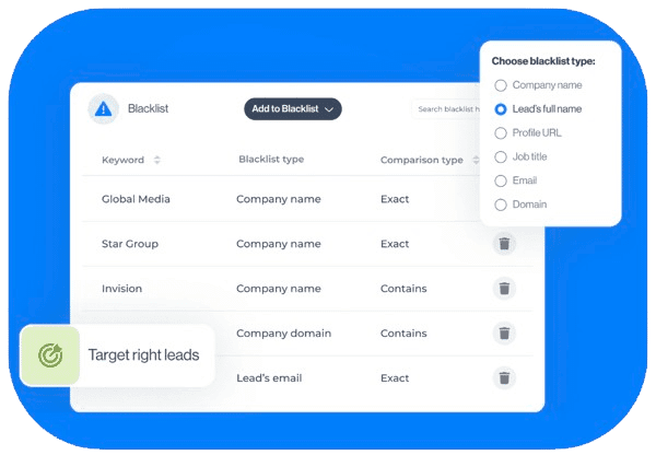 Interface LeadIn permettant d’exclure un prospect pour toute l’équipe via URL LinkedIn, nom, nom d’entreprise ou intitulé de poste, en correspondance exacte ou partielle.