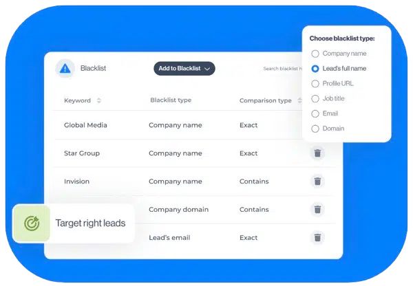 Interface Leadin permettant d’exclure un prospect pour toute l’équipe via URL LinkedIn, nom, nom d’entreprise ou intitulé de poste, en correspondance exacte ou partielle.