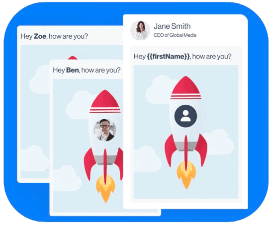 Visuel LeadIn avec une fusée et des variables personnalisées : photo du prospect, logo d’entreprise et texte dynamique appliqués à chaque image ou GIF.