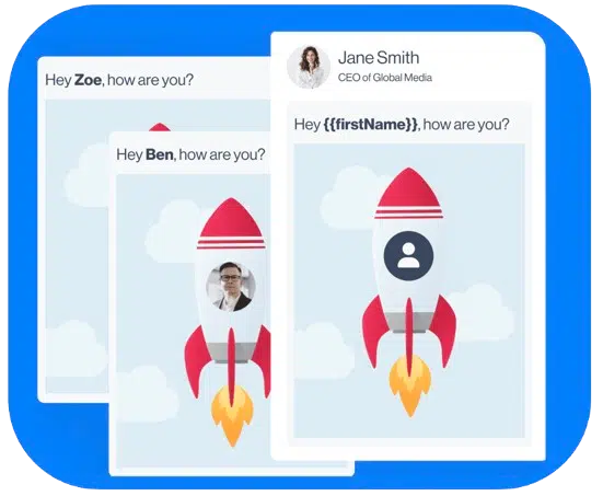 Visuel Leadin avec une fusée et des variables personnalisées : photo du prospect, logo d’entreprise et texte dynamique appliqués à chaque image ou GIF.