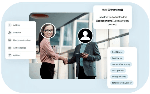 Deux personnes se serrant la main ; leurs visages sont remplacés par des variables dynamiques affichant la photo de profil des prospects dans LeadIn.