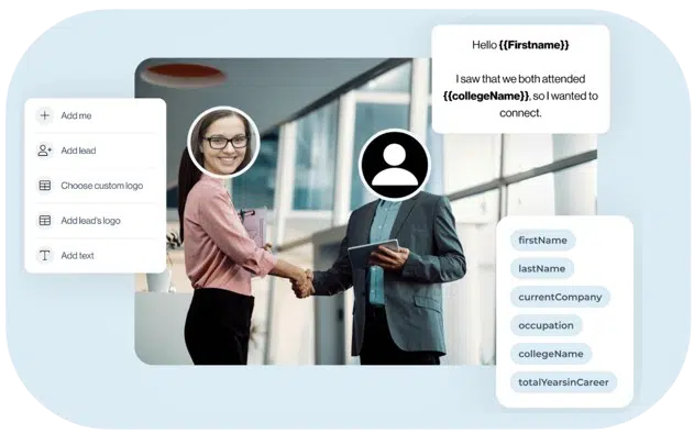 Deux personnes se serrant la main ; leurs visages sont remplacés par des variables dynamiques affichant la photo de profil des prospects dans Leadin.