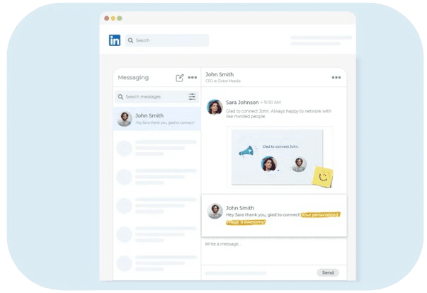 Échange LinkedIn affichant un message de prospection avec image ou GIF hyper-personnalisé intégrant la photo de profil, le prénom, le nom et d’autres variables LeadIn.