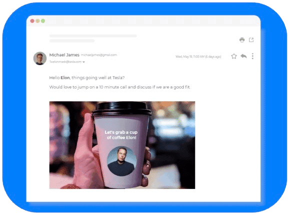 Email affichant une personnalisation visuelle hyper-personnalisée avec variables, destiné à capter l’attention du prospect, utilisable aussi dans les messages LinkedIn.