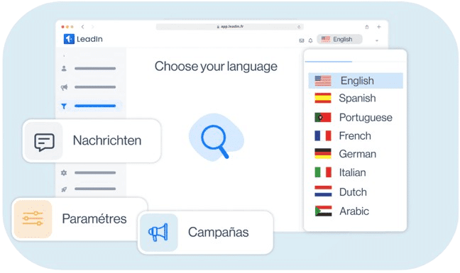 Dashboard LeadIn multilingue montrant la création et la gestion de flux de prospection disponibles en 7 langues pour toute l’équipe.