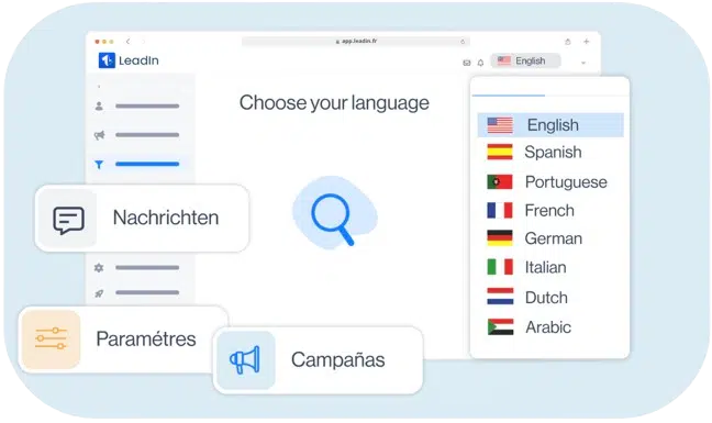 Dashboard Leadin multilingue montrant la création et la gestion de flux de prospection disponibles en 7 langues pour toute l’équipe.
