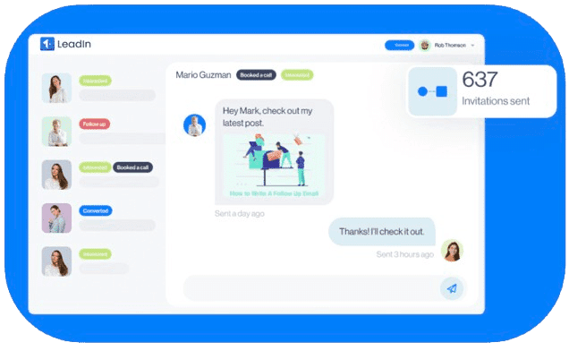 Boîte de réception LeadIn avec une conversation : campagnes de contenu, promotion d’événements, croissance automatique du réseau et gestion centralisée des messages.