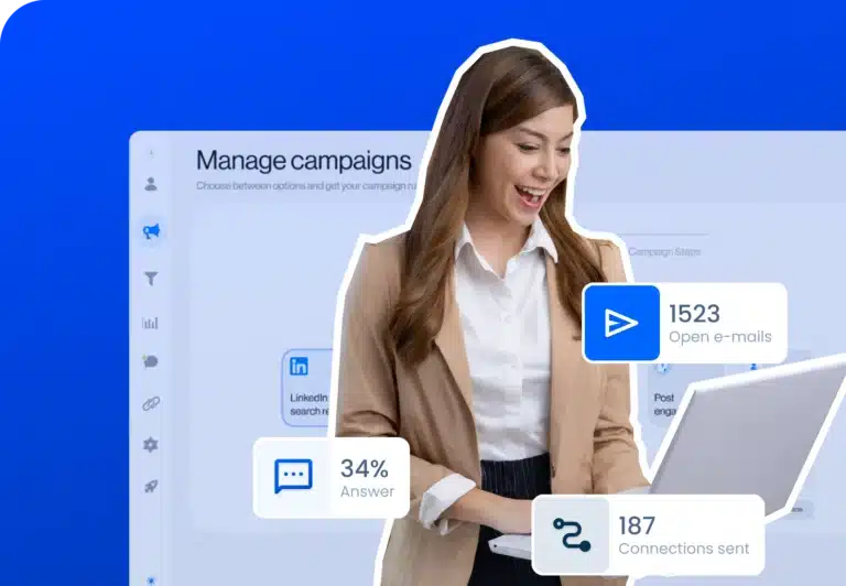 Woman managing campaigns in LeadIn with the software UI in the background and performance stats: LinkedIn connection sent 187, email open 1523 and answer rate 34%.