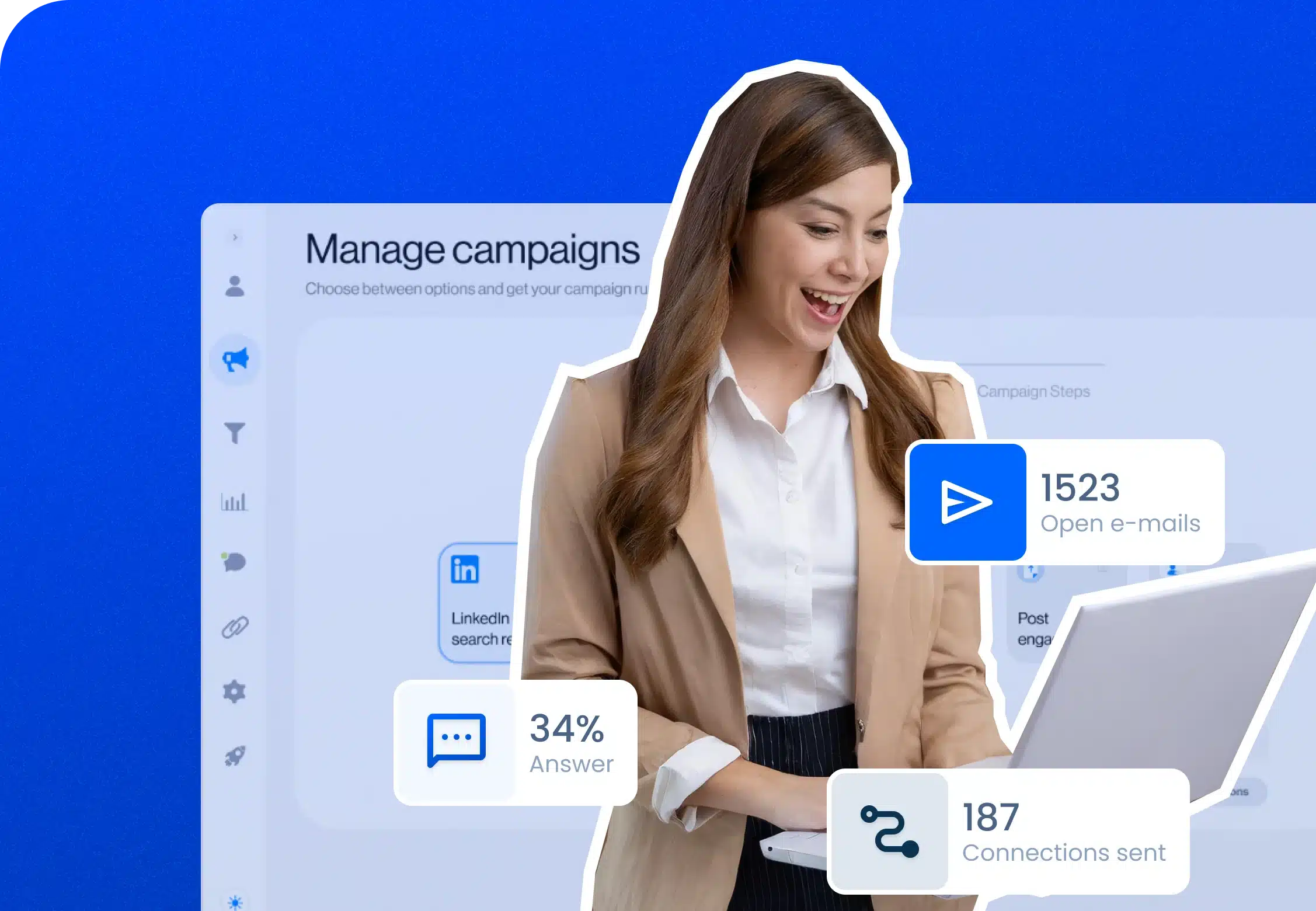 Woman managing campaigns in LeadIn with the software UI in the background and performance stats: LinkedIn connection sent 187, email open 1523 and answer rate 34%.