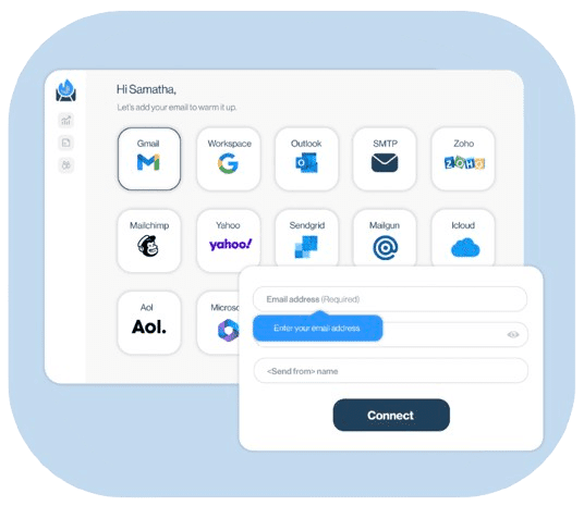 Interface de setup InboxFlare montrant l’ajout d’un compte email et le démarrage du préchauffage, compatible Gmail, Outlook et SMTP personnalisés.