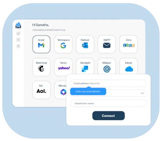 Interface de setup InboxFlare montrant l’ajout d’un compte email et le démarrage du préchauffage, compatible Gmail, Outlook et SMTP personnalisés.