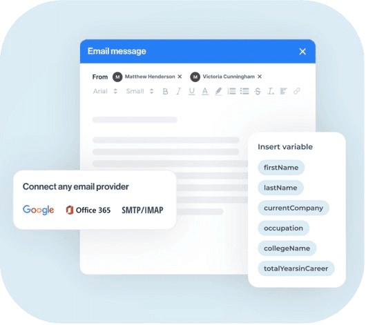 Interface LeadIn montrant l’ajout de comptes email (Gmail, Outlook, SMTP) puis un écran d’email prêt à être rédigé.