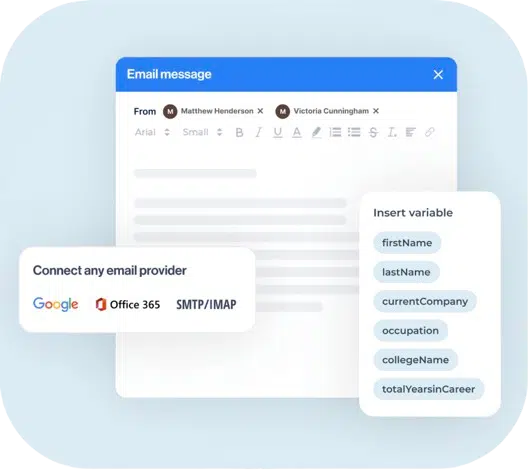 Interface Leadin montrant l’ajout de comptes email (Gmail, Outlook, SMTP) puis un écran d’email prêt à être rédigé.