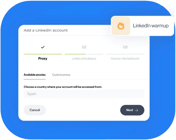 Interface LeadIn montrant l’ajout d’un compte LinkedIn avec sélection d’un proxy (pays de connexion) à l’étape 1.